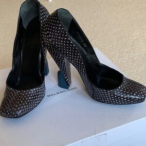 Balenciaga Black and White Spotted Leather High Heels